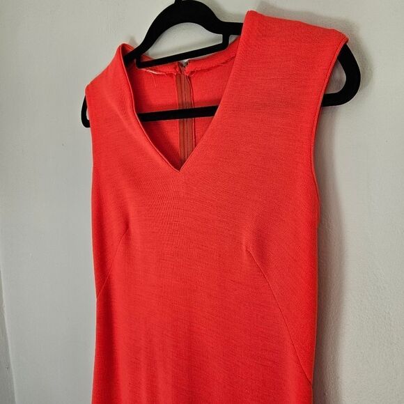 Vintage '60s Pleated Drop Waist Coral Sleeveless V-Neck Wool? Dress with Scarf 6 - Picture 9 of 15